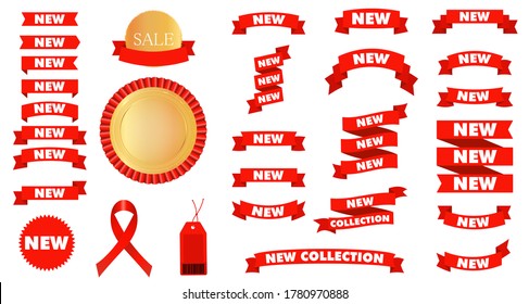 New red ribbon discount sale big set collection. Minimal sale banner for web store. Stock vector illustration on white isolated background.