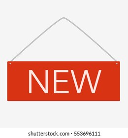 New. Red square table with new sign isolated on white background. Flat vector stock illustration