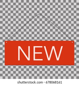 New. Red square table with new sign on transparent background. Flat vector stock illustration