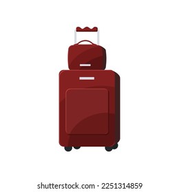 Nueva ilustración de la maleta roja y del vector del bolso. Equipaje o equipaje, dibujo de dibujos animados de bolsas de plástico para la ropa o viaje aislado de fondo blanco. Equipaje, transporte, concepto de accesorios