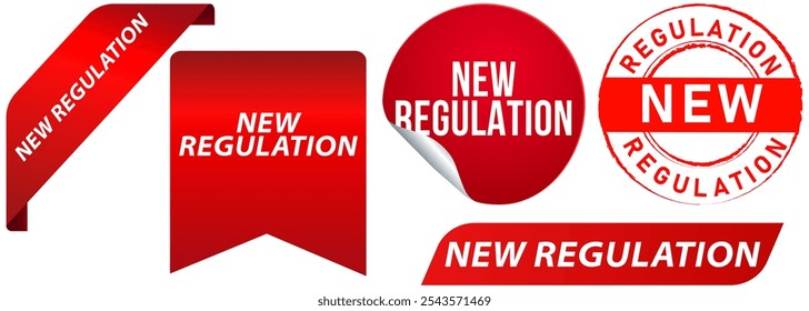 New regulations terms rules agreement service work policy stamp red badges sticker seal banner ribbon emblem peeler design icon set collection