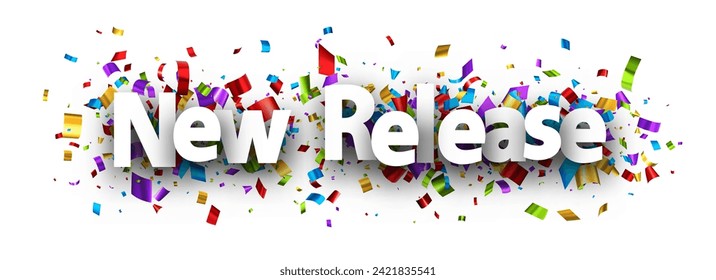 New release sign over colorful cut out foil ribbon confetti background. Design element. Vector illustration.