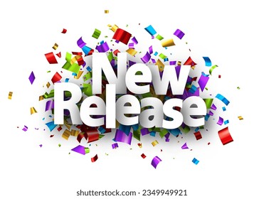 New release sign over cut out colorful foil ribbon confetti background. Design element. Vector illustration.