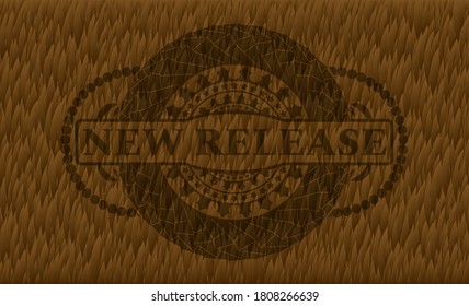 New Release text inside Brown fur emblem. Pet luxurious background. Artistic illustration. 