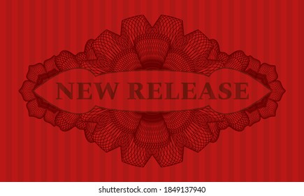 Nuevo texto de lanzamiento dentro del emblema de color rojo lineal. Barras de fondo exquisito. Ilustración vectorial. 