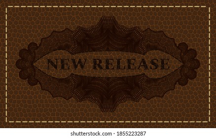 New Release text inside Linear currency leather badge. Wallet classic background. Intense illustration. 