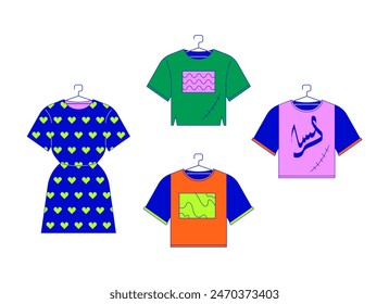 New and repaired clothes 2D linear cartoon objects set. Clothing reusing to reduce consumption isolated line vector elements white background. Fast fashion color flat spot illustration collection