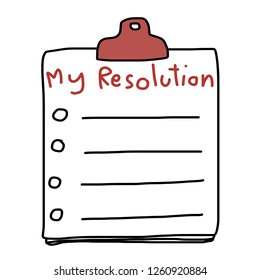 A New Year’s resolution List paper and a bulldog clip. Stripe lined paper with tick boxes held with red bulldog clip. A New Year’s resolution list sheets for adding your own text. Doodle style vector.