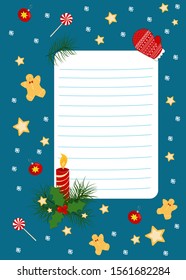 A New Year’s resolution list sheets for adding your own text.Stripe lined paper with decorative Christmas elements. Next year's goals. Vector illustration.