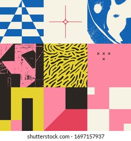 New retro aesthetics in abstract pattern design composition. Brutalism inspired vector graphics collage made with geometric shapes and grunge textures, useful for poster art and digital prints.