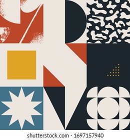 New retro aesthetics in abstract pattern design composition. Art deco inspired vector graphics collage made with simple geometric shapes and grunge textures, useful for poster art and digital prints.
