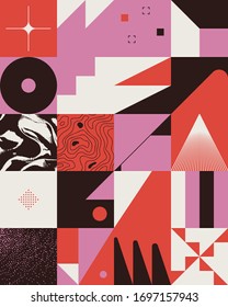 New retro aesthetics in abstract pattern design composition. Brutalism inspired vector graphics collage made with geometric shapes and grunge textures, useful for poster art and digital prints.