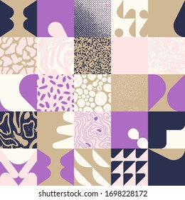 New retro aesthetics in abstract pattern design composition. Art deco inspired vector graphics collage made with simple geometric shapes and grunge textures, useful for poster art and digital prints.