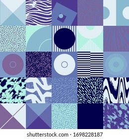 New retro aesthetics in abstract pattern design composition. Art deco inspired vector graphics collage made with simple geometric shapes and grunge textures, useful for poster art and digital prints.