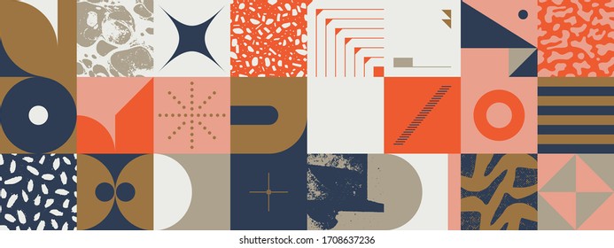 New retro aesthetics in abstract pattern design composition. Art deco inspired vector graphics collage made with simple geometric shapes and grunge textures, useful for poster art and digital prints.