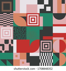 New retro aesthetics in abstract pattern design composition. Art deco inspired vector graphics collage made with simple geometric shapes and grunge textures, useful for poster art and digital prints.