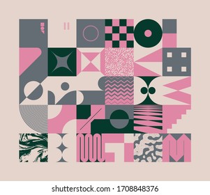 New retro aesthetics in abstract pattern design composition. Art deco inspired vector graphics collage made with simple geometric shapes and grunge textures, useful for poster art and digital prints.