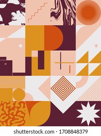 Nueva estética retro en composición de diseño abstracto. Collage de gráficos vectoriales inspirados en el arte deco, hecho con formas geométricas simples y texturas onduladas, útil para el arte de los afiches y las impresiones digitales.