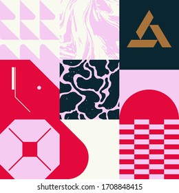 New retro aesthetics in abstract pattern design composition. Art deco inspired vector graphics collage made with simple geometric shapes and grunge textures, useful for poster art and digital prints.