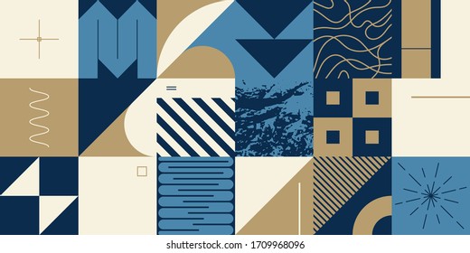 New retro aesthetics in abstract pattern design composition. Art deco inspired vector graphics collage made with simple geometric shapes and grunge textures, useful for poster art and digital prints.