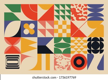 New retro aesthetics in abstract pattern design composition. Art deco inspired vector graphics collage made with simple geometric shapes and grunge textures, useful for poster art and digital prints.