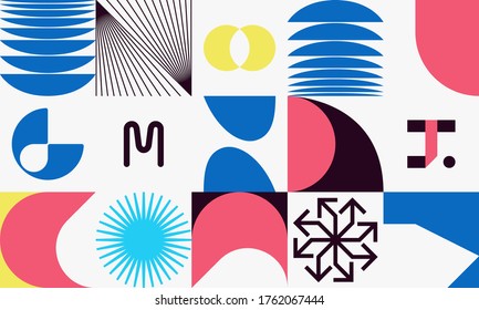 New retro aesthetics in abstract pattern design composition. Art deco inspired vector graphics collage made with simple geometric shapes and grunge textures, useful for poster art and digital prints.