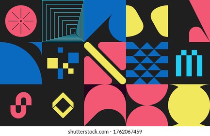 New retro aesthetics in abstract pattern design composition. Art deco inspired vector graphics collage made with simple geometric shapes and grunge textures, useful for poster art and digital prints.