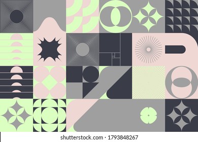 New retro aesthetics in abstract pattern design composition. Art deco inspired vector graphics collage made with simple geometric shapes and grunge textures, useful for poster art and digital prints.