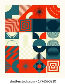 New retro aesthetics in abstract pattern design composition. Art deco inspired vector graphics collage made with simple geometric shapes and grunge textures, useful for poster art and digital prints.