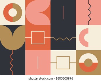 New retro aesthetics in abstract pattern design composition. Art deco inspired vector graphics collage made with simple geometric shapes figures, useful for poster art and digital prints.