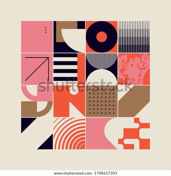 New retro aesthetics in abstract pattern design\
composition. Art deco inspired vector graphics collage made with\
simple geometric shapes and grunge textures, useful for poster art\
and digital prints.