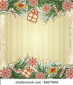 Nuevo fondo retro con ramas de árboles y juguetes navideños