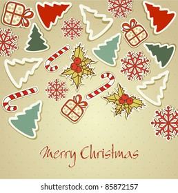 New retro background with tree branches and eating Christmas toys