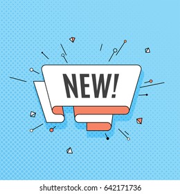 New. Retro design element in pop art style on halftone colorful background. Vintage motivation ribbon banner. Vector Illustration.