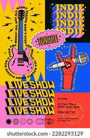 New retro modern styled live indie rock music party or concert poster or flyer or event invitation design template with electric guitar and rock hand gesture and typographic composition