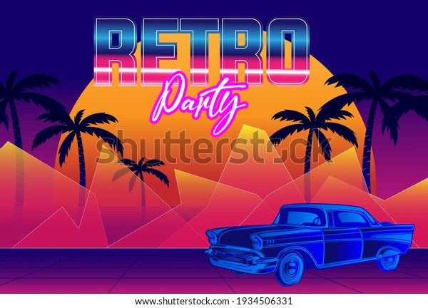 New retro party backdrops with sunset views and cars,\
premium vektor 