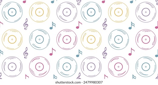 New retro vinyl record in neon version with musical notation in a neatly arranged pattern. It can be used for paper designs, gift wrapping, textiles, etc.