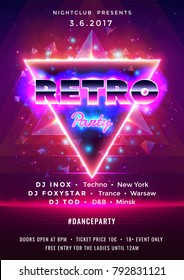 New retro wave dance party poster vector background template with particles, lines, highlight and 3d triangles geometric shapes in pink, purple and blue colors. Music event flyer or banner abstract