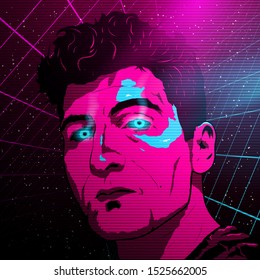 New retrowave style portrait of cyborg man in pink and blue colors on starry space with laser grids. Synthwave  vaporwave  retrowave illustration. Art. Eps 10.