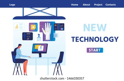 New RFID Technology in Human Identification. Woman Doctor at Computer Receiving Personal Data via Microchip Implanted in Male Hand. Medical Health Tracking. Flat Landing Page. Vector Illustration