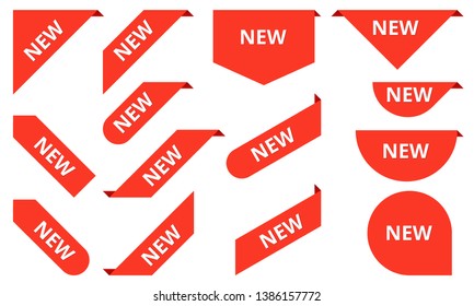 New ribbons. Corner banner, new tag labels and present buttons vector isolated collection 