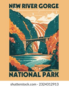 New River Gorge National Park, West Virginia Poster. National Park Illustration. Vector Art. Illustration