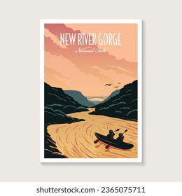 New River Gorge National Park poster illustration, river kayak scenery poster design