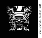 New Road Touring Motorcycle Silhouette Vector Front View on Black background. Can be used for printed on motorcycle club t-shirt, background, banner, posters, icon, web, etc.