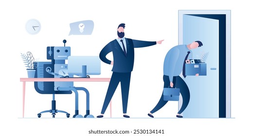 Nuevo robot en el lugar de trabajo, hombre de negocios despedido trabajador. Jefe despide a un empleado. Personajes de gente de negocios y Iniciar sesión estilo de moda. La inteligencia artificial reemplazó a la humana. Ilustración vectorial