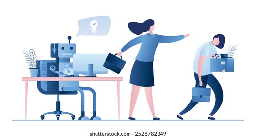 Nuevo robot en el lugar de trabajo y empresaria despedida mujer trabajadora. El jefe despide a la empleada. Personajes y signos de personas de negocios. La inteligencia artificial reemplazó a la humana. Ilustración vectorial plana