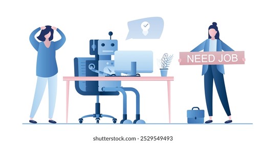 Robot Nuevo en el lugar de trabajo y trabajadores despedidos. El jefe despidió a las empleadas. Personajes de gente de negocios y Iniciar sesión estilo de moda. La inteligencia artificial reemplazó a la humana. Ilustración vectorial plana