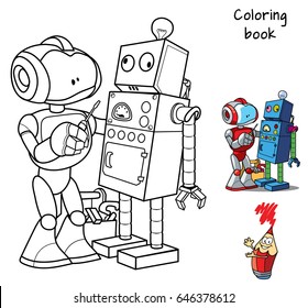 New robot with a screwdriver repairs an obsolete broken robot. Coloring book. Cartoon vector illustration