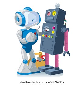 New robot with a screwdriver repairs an obsolete broken robot. Isolated cartoon characters. Vector illustration