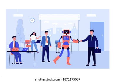 New robotic employee. Humanoid robot shaking hands with businessman in office flat vector illustration. Technology, innovation, robotics concept for banner, website design or landing web page